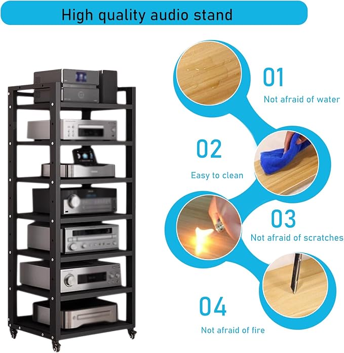 Dernoing 7 Tier Audio Rack Tower, CD Record Player Stereo Receiver AV Equipment Cabinet Display Rack, Weight Capacity 661 lbs, with Adjustable Wooden Shelves for Home (7 Tier Black)