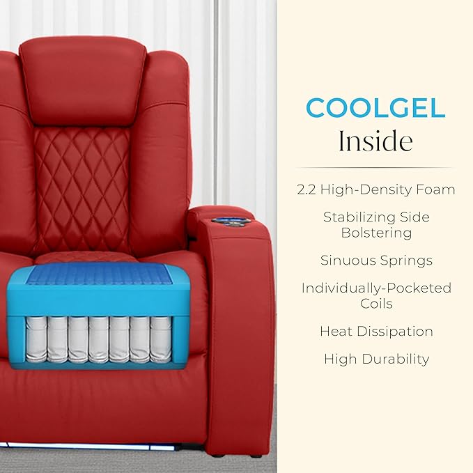Seatcraft Diamante Zero-Gravity CoolZero Italian Leather Home Theater Seating, Power Headrest, Power Recline, Row of 5 Left Loveseat, Red