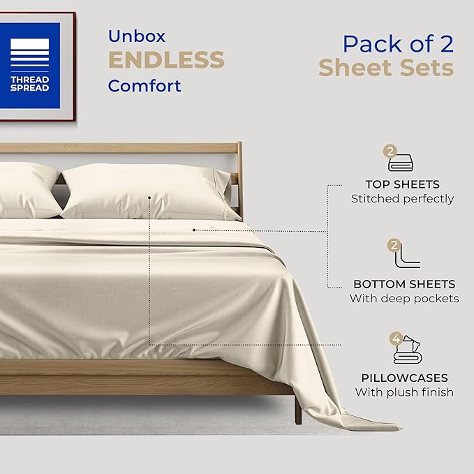 THREAD SPREAD 2-Pack Queen Size Sheets Set - 400 Thread Count 100% Cotton Sateen Weave - Extra Soft, Breathable, Hotel Quality Cooling Sheets, 2 Sets of Queen Size Deep Pocket Bed Sheets (Ivory)