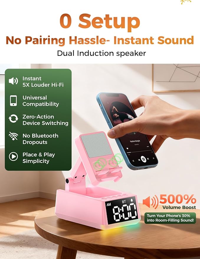 Bluetooth Speaker Birthday Gift for Women:Induction Cell Phone Stand HD Sound Valentines Gifts For Her Adult Teen,Anti-Slip Phone Holder Kitchen Gadget Women Mom Wife Girlfriend Galentines(Pink)
