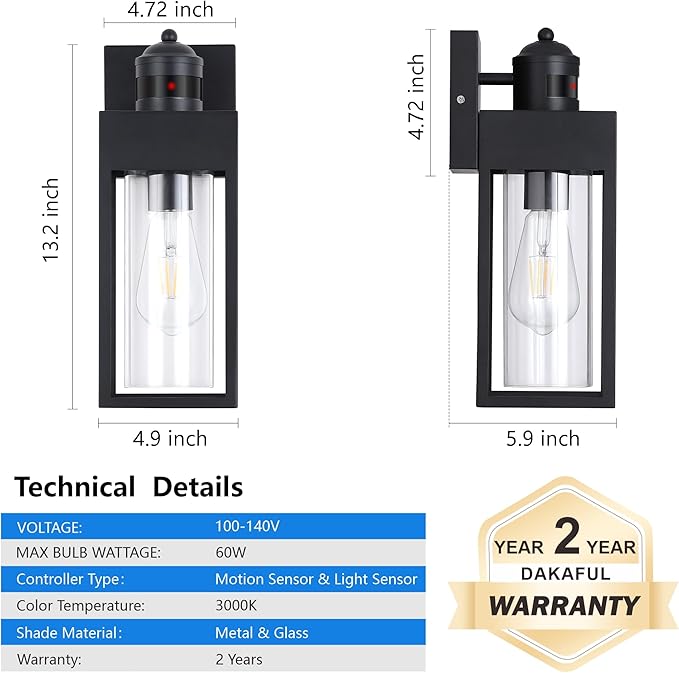 LWSOY Motion Sensor Outdoor Wall Lanterns 2 Packs, Upgrade Dusk to Dawn Exterior Light Fixture, 3 Lighting Modes, Waterproof Front Porch Lights for Garage Patio Garden House Entryway, Black.