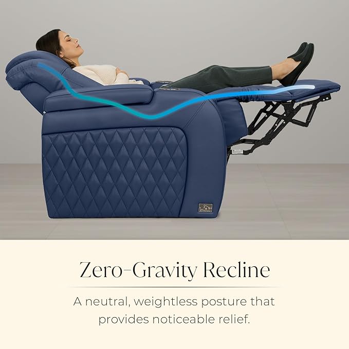 Seatcraft Diamante Zero-Gravity CoolZero Italian Leather Home Theater Seating, Power Headrest, Power Recline, Row of 3 Left Loveseat, Navy Blue