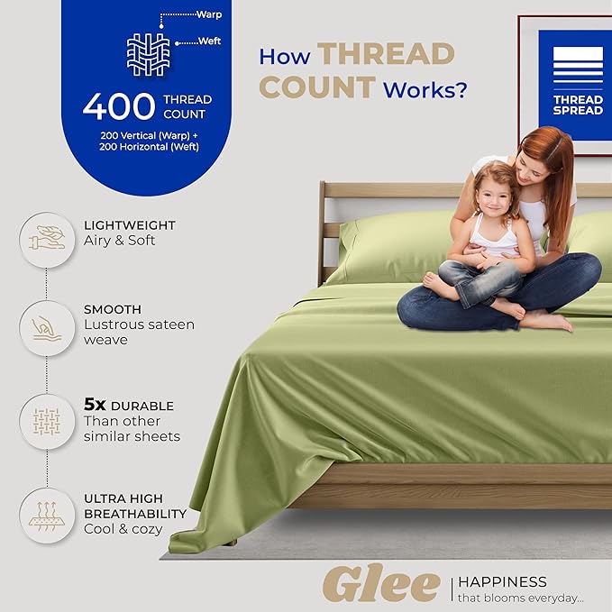 THREAD SPREAD Cotton Full Size Sheet Sets - 400 Thread Count 4 PC 100% Cotton Bed Sheets, 16” Deep Pocket Full Size Sheets Cotton, Soft, Sateen Cooling Full Sheet Set, Luxury Hotel Sheets (Sage Green)