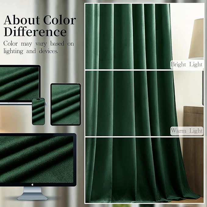AUSSPVOCT Velvet Curtains 90 Inches Long 2 Panels for Bedroom, Thermal Insulated Room Darkening Luxury Soft Blackout Curtain Back Tab Rod Pocket Window Drapes for Living Room, W52 x L90, Dark Green