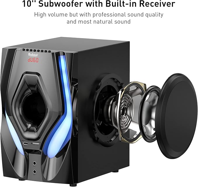 Bobtot Home Theater Systems Surround Sound Speakers - 1200 Watts 10 inch Subwoofer 5.1/2.1 Channel Audio Stereo System with ARC Optical Bluetooth Input for 4K TV Ultra HD AV DVD FM Radio USB