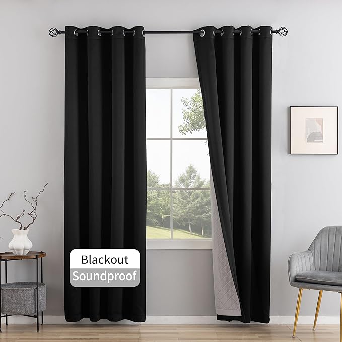 3-in-1 Layers Soundproof Curtains, Grommet Full Blackout Thermal Curtains for Living Room, Bedroom(1 Panel,Black,50" x 63")