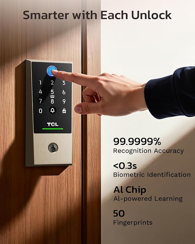 TCL D2 Plus Fingerprint Smart Lock, Wi-Fi Keyless Entry Door Lock, IP55 Weatherproof, Built-in Doorbell, Auto Lock, Easy Install, Brushed Nickel