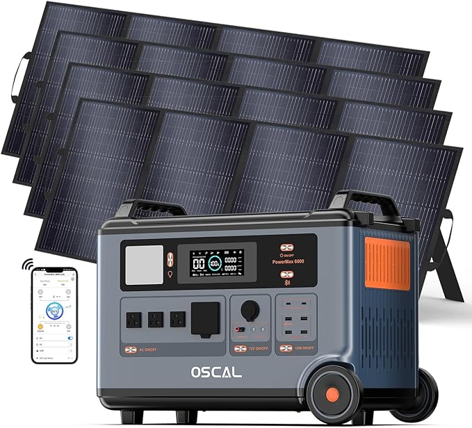 OSCAL PowerMax 6000 Solar Generator with 4x400W Solar Panel, 120V/240V Portable Power Station 6000W AC Outlets (9000W Peak), 2200W AC Charging/2400W PV Charging for Home, Emergency