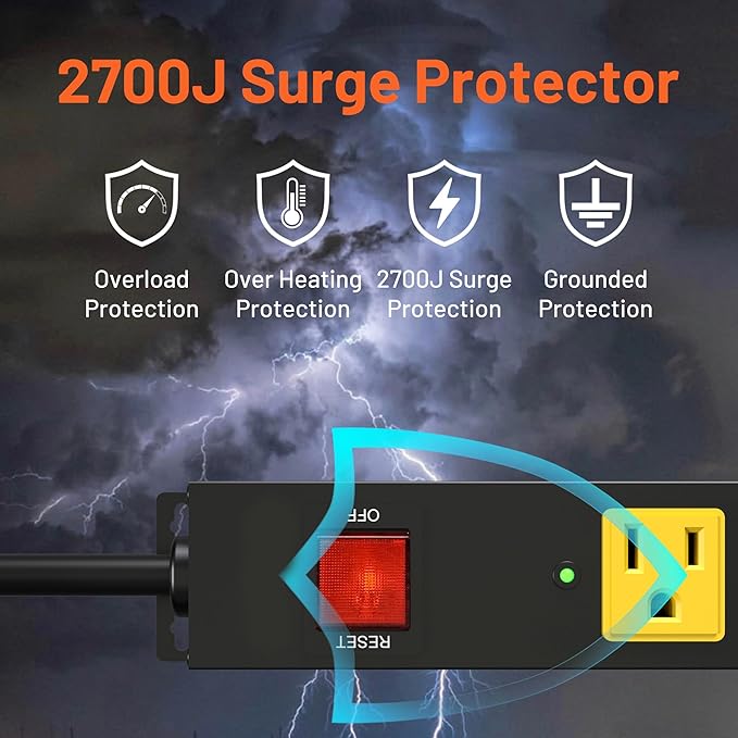 Heavy Duty 6 Outlet Metal Long Power Strip, 2700J Surge Protector with 15A Circuit Breaker, 10FT Extension Cord, Wall Mount for Garage, Workshop & Industrial Use, Wide Spaced (10ft)