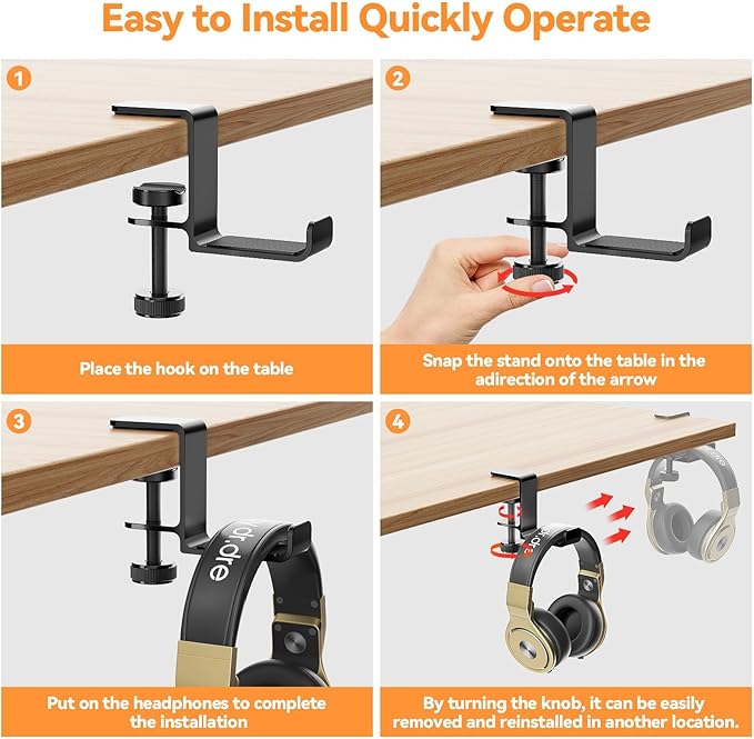 Yocice Headphone Hanger Holder Stand-Under Desk Headphone Hanger， Headset Hook Holder Space-Saving Aluminum Stand with Universal Fit for Gaming PC Accessories (Black-1PCS)