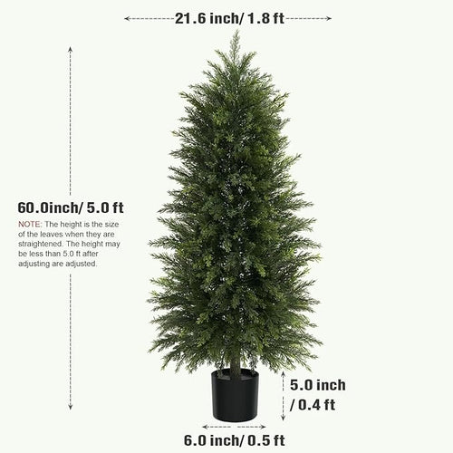 5FT Artificial Cedar Trees Set of 2, Realistic Faux Evergreen Topiary Bushes Plants, Outdoor Potted Fake Cypress Shrubs for Front Porch Garden Home Living Room Decor