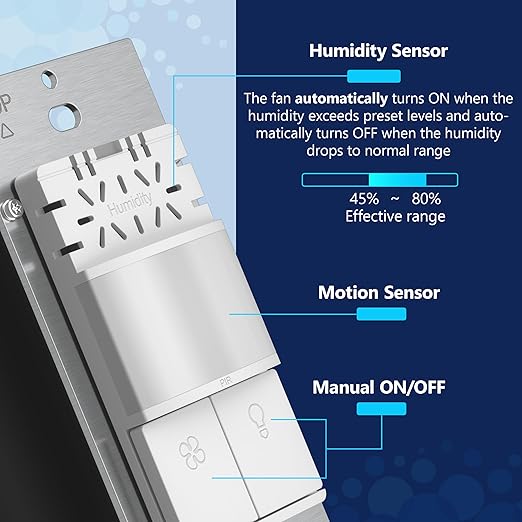 LIDER Humidity Sensor Switch and Motion Sensor Light Switch, PIR Sensor, Humidity Detection, Occupancy/Vacancy, No Neutral Required, ¼ HP, 1-Pole, UL Listed, White, Wall Plate Included