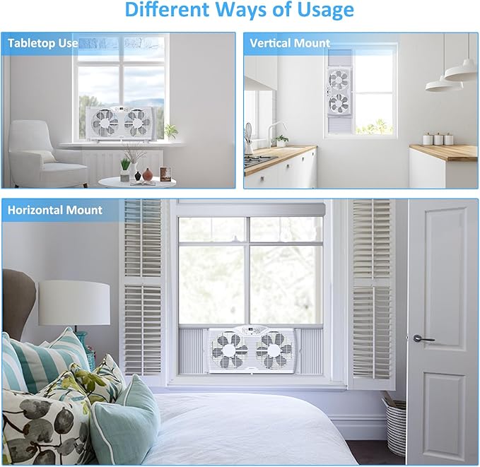 shinic Twin Window Fan with Reversible Airflow, Thermostat Controlled, 3 Speeds & 3 Functions(Exhaust, Intake & Circulate), 23.8" - 37" Expandable Width for Home Kitchen Use