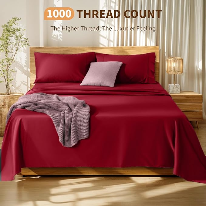 LBRO2M 100% Cotton Sheets Set Deep Pocket 19", 1000 Thread Count King Size 4 Piece Bed Sheet Sets Soft Comfortable Bedding All Season (King, Burgundy)