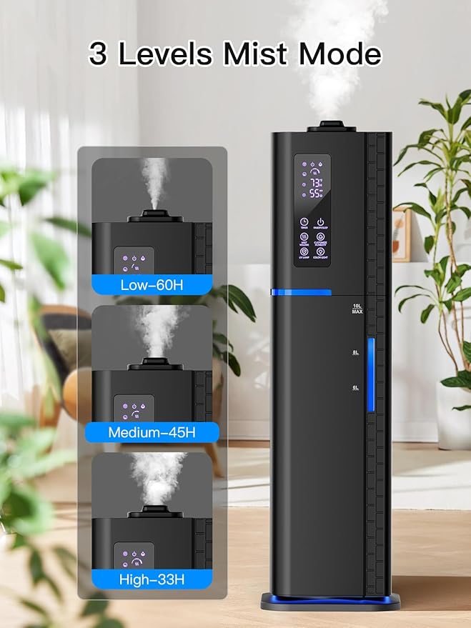 Zeova 10L/2.64Gal Humidifier, Top Fill Quiet Ultrasonic Cool Mist Humidifiers for Bedroom, Covers 550ft², 60H Runtime, 24H Timer, 3 Mist Modes Humidifier Large Room, Home, Office, Plants, Black