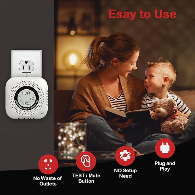 4-in-1 Carbon Monoxide & Natural Gas Leak Detector, Foldable Plug-in CO/Gas Alarm with Temperature & Humidity Display for Home, Apartment, RV