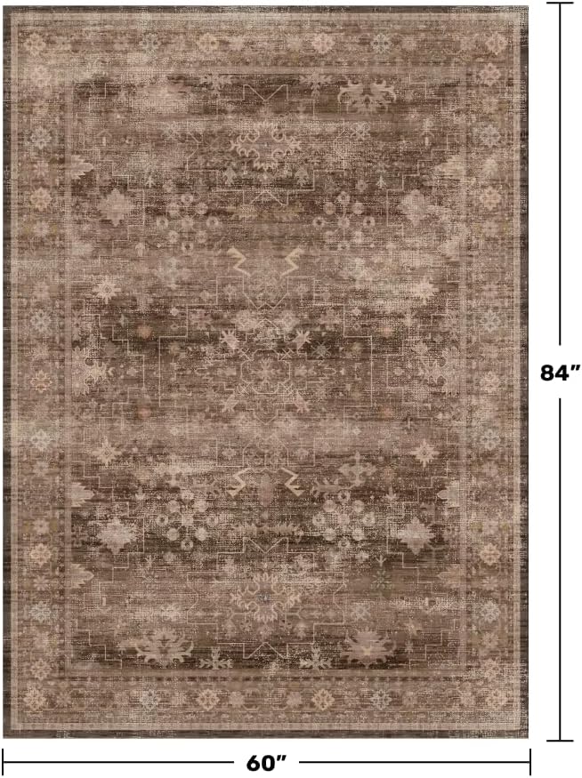 Hazo Haus Boho Taupe Brown 5x7 Living Room Rug - Modern Vintage Traditional Oriental Neutral, Washable Low Pile Non-Slip Large Area Rugs for Nursery Dining Under Table - Image 2