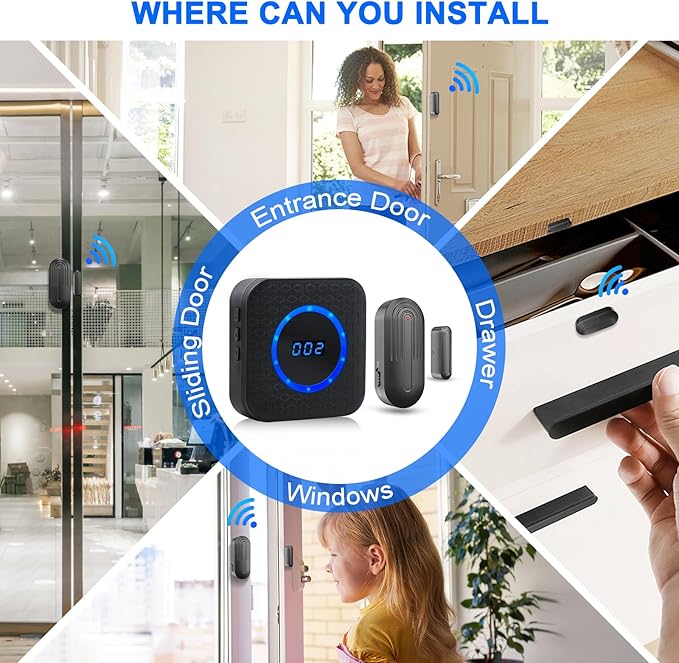 Door Chime SanJie Wireless Door Sensor for Business Home Office When Entering Window Alarm with 800Ft Range 55 Chimes 5 Volume Levels (1 Receiver & 2 Sensor)
