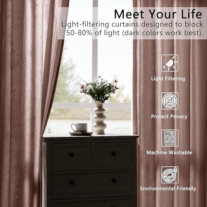 SMILETIME Pink Crushed Velvet Curtains 52x90 inch Luxurious Thermal Insulated Soundproof Drapes for Living Room Bedroom Office Soft and Durable Light-Filtering Window Treatments, 2 Panels