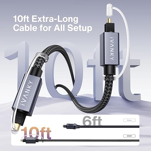 IVANKY Optical Audio Cable, 10ft Toslink Fiber Optic Cord, S/PDIF Digital Optical Audio Cable for Soundbar, Stereo Systems, Home Cinema, Xbox One/PS4/TV, Braided, Gold-Plated Connectors,3M,Grey