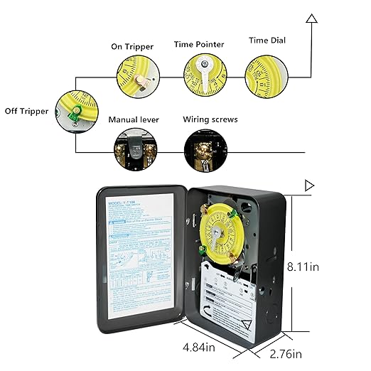T104 Electromechanical Timer Switch,208-277 VAC 5HP 40A DPST Pool Timers,12 ON/Off Operations,Manual Override Included Trippers,Heavy Duty Pool Pump Timer