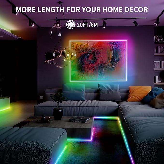 BUNACET 20FT LED Strip Lights COB Smart IC, 24V RGB LED Lights for Bedroom with RF Remote Smart App Button Controller Music Sync Color Changing Strip Lights for Game Room Kitchen Cabinet Lighting