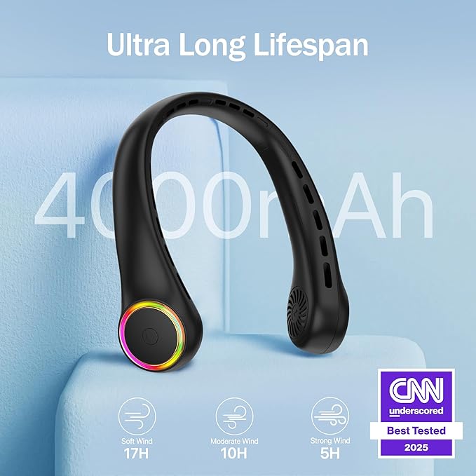 Neck fan, Portable Fan with 5-17H Lifespan, 4000mAh Neck fan air conditioner with 3 Adjustable Speeds and 64 Cool Lights, Rechargeable Neck Fan, Hands-Free Cooling fan for Summer (Black)