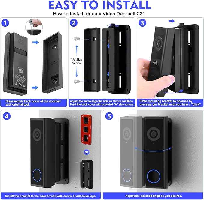 CaGuan Adjustable Doorbell Mount(35°-145°) for eufy Video Doorbell E340, No-Drillng Mounting Bracket,Left/Right Adjustable,Wide Viewing Angle,Ideal for Apartment/houses, Black