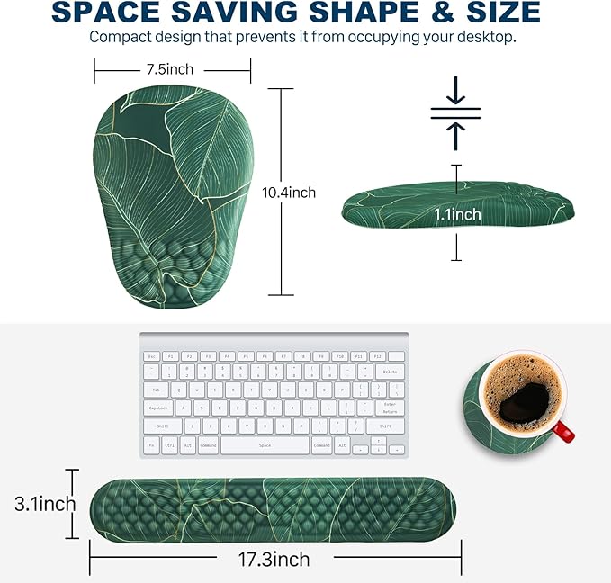 Hasinart Ergonomic Mouse Pad and Keyboard Wrist Rest with Massage Design, Space-Saving Mouse Pad Wrist Support, Memory Foam Wrist Rest with Non-Slip PU Base for Computer Desk, Green Leaves