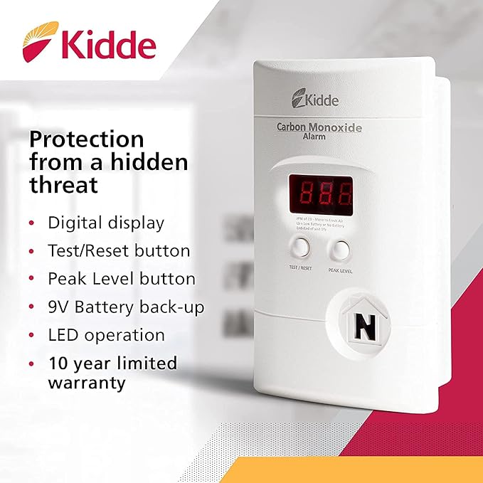 Kidde Carbon Monoxide Detector, Plug In Wall with 9-Volt Battery Backup, Digital LED Display - 2 Pack