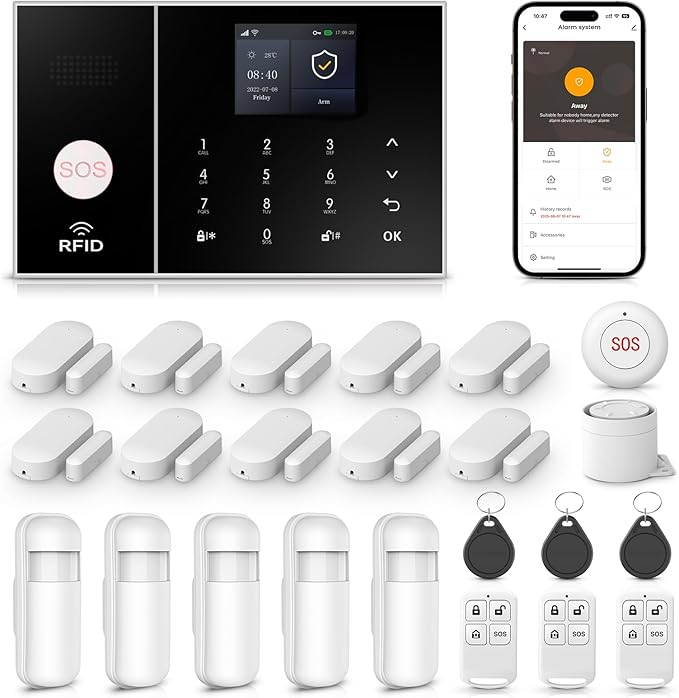 LWOHSI A108F Alarm System for Home Security,WiFi+GSM 4G DIY Alarm Kit with Phone APP Alert, Door/Window Sensor, Remote, Compatible with Alexa and Google for House, Apartment