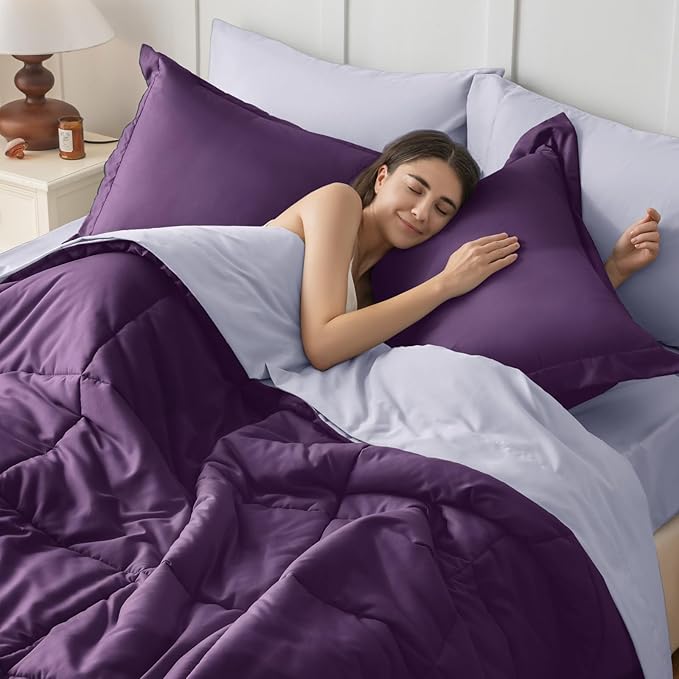 JOLLYVOGUE Twin XL Comforter Set, Ultra-Soft Bed in a Bag Twin XL Size 5 Pieces, Oeko-TEX Certified Bedding Set with Down Alternative Comforter, Sheets, Pillowcases & Shams, Purple & Lavender