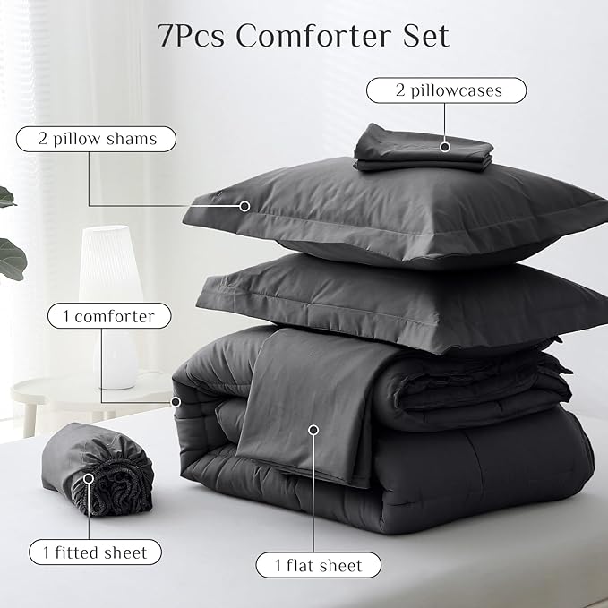 JOLLYVOGUE California King Comforter Set, Ultra-Soft Bed in a Bag Cal King Size 7 Pieces, Oeko-TEX Certified Bedding Set With Down Alternative Comforter, Sheets, Pillowcases & Shams, Dark & Light Grey