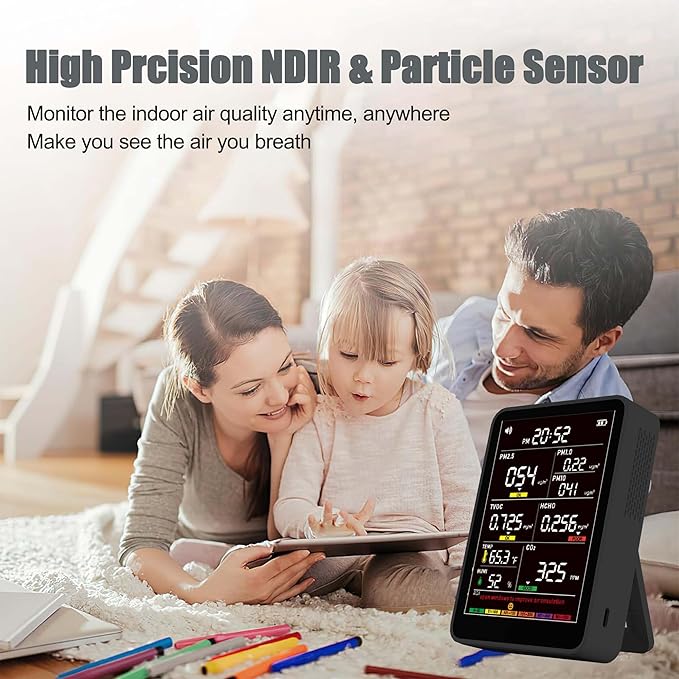 Professional Indoor Air Quality Monitor with AQI Alarms, Portable Real-Time Detector for Home Cars Plants and Pets (Black)