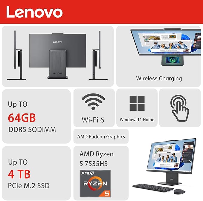 Lenovo IdeaCentre Business All-in-One, 27" FHD Touchscreen 100Hz, AMD Ryzen 5 7535HS, 32GB DDR5 RAM, 1TB SSD, Webcam, Wireless KB & Mouse, Windows 11 Home, Bundle with Adata 64GB USB Flash Drive