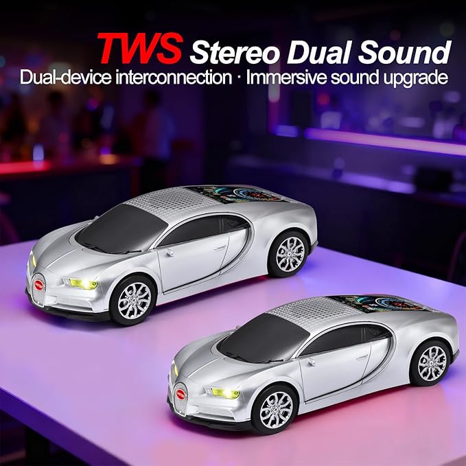 WSTER Luxury Sports Car Model Bluetooth Speaker with HD Sound, TWS Stereo Pairing, Display Screen, Built-in Microphone, Unique Bluetooth Car Speaker for Home, Party, Outdoor & Beach (Silver)