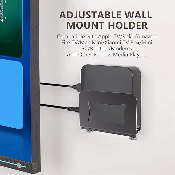 Adjustable Small Device Wall Mount Holder for Apple TV,ROKU,Router,Cable Box,Fire TV,Modem and Other Media Players, Universal Metal Bracket with Adhesive Tape & Screws Fits for 0.9"-1.8" Thick Devices
