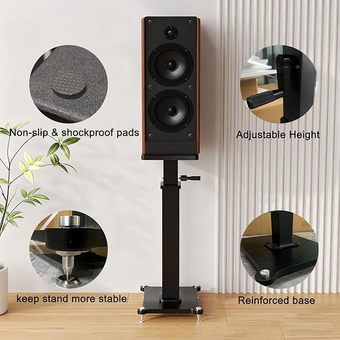 18.9-26.8in Height Adjustable Speaker Stands Pair up to 110lbs, Heavy Duty Bookshelf Speaker Stand Bookshelf Speaker Stand, Holds Bookshelf & Satellite Speaker Large Speaker (Black)