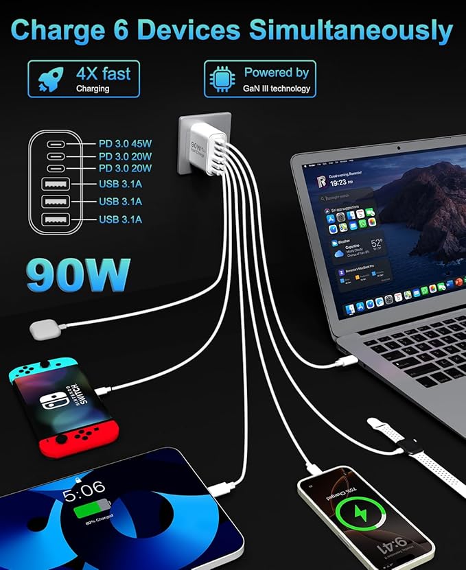 90W GaN USB C Charger Block,6-Port USB C Wall Charger Fast Charging 45W PD Power Adapter for iPhone 17Pro Max/Samsung Galaxy S24 Ultra/Tabs/MacBook Air/iPad Pro for Home Travel