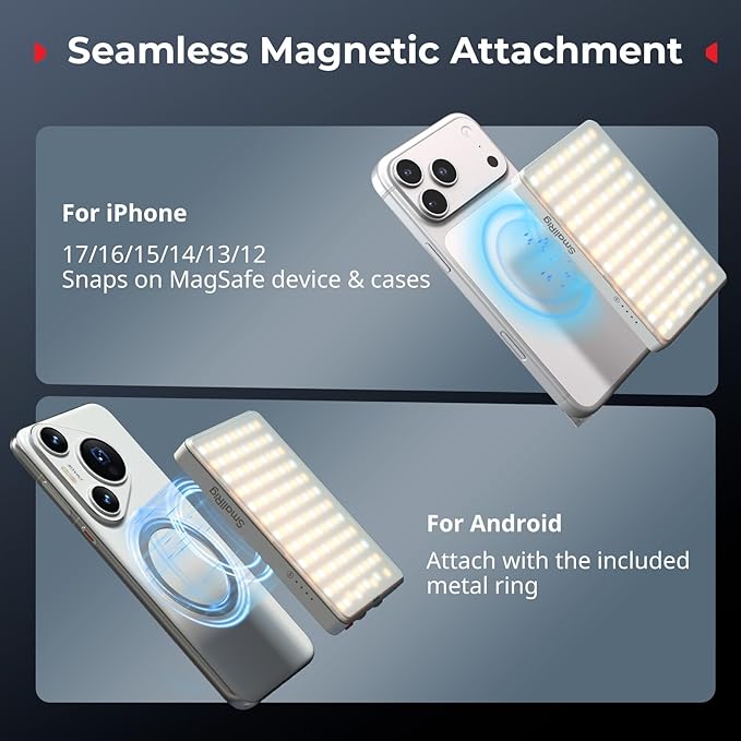 SmallRig M3 Magnetic Selfie Phone Light with Clip, 120 LEDs 2000mAh Rechargeable, 2700K-6500K, Portable Content Creators Fill Light for Video Recording, for iPhone/Laptop/Camera/Webcam (White) - 5640
