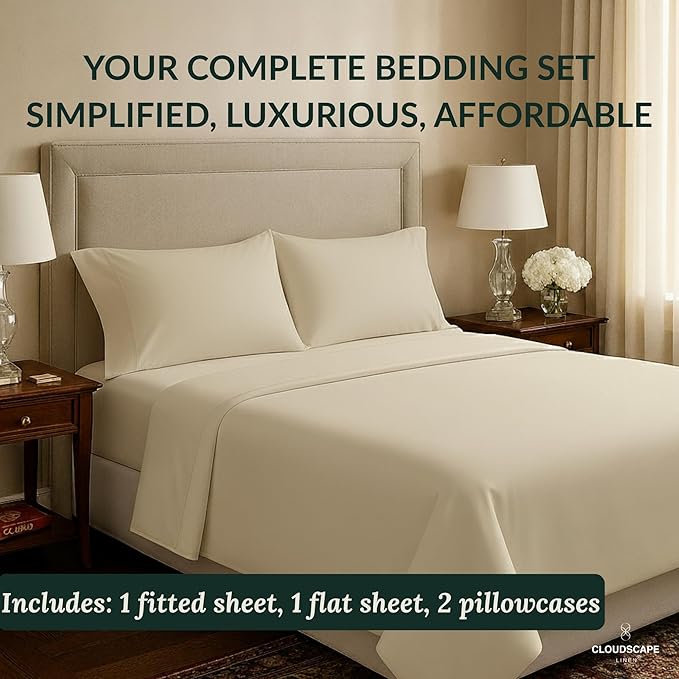 Cloud Scape Linen 100% Egyptian Cotton California King Sheet Set, 400 Thread Count,4 Pieces Luxury Bedding Set, Hotel Quality, Silky Soft, Breathable and Durable, Deep Pockets up to 17, Ivory