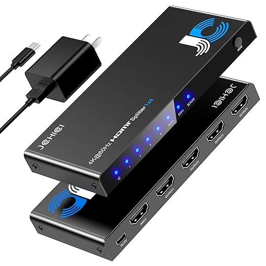 JCHICI HDMI Splitter 1x4 for PS5/Xbox/Apple TV - 4K@60Hz HDMI Switcher Splitter with HDR10 & Dolby Vision, 1 in 4 Out with EDID Modes (Auto/Copy/Downscale), HDCP 2.2, 18Gbps for Home Theater