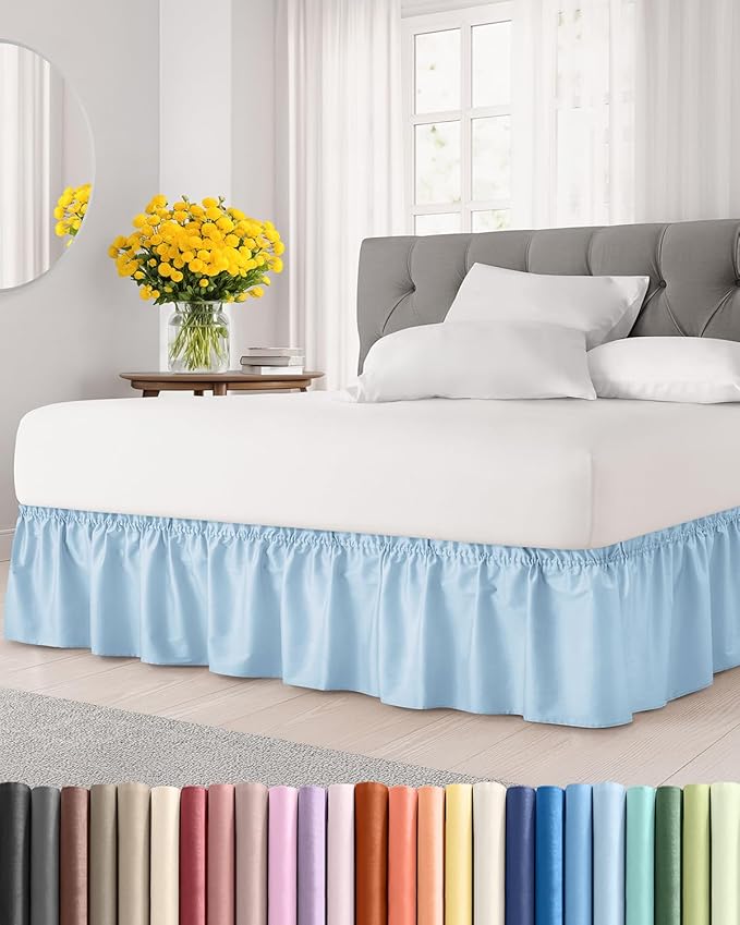 Wrap Around Dust Ruffle Bed Skirt - Light Blue - Twin/Twin XL Size Beds with 18 Inch Drop - Elastic Strap - Adjustable Pleated Bedskirt with Brushed Fabric and Wrinkle Free - Women, Men, Kids & Teens