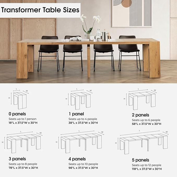 Transformer Table - Solid Wood Extendable Dining Table, Seats 2-12, Extendable Dining Room Table, Space-Saving Furniture, Expandable Dining Furniture, Natural (Table Only)