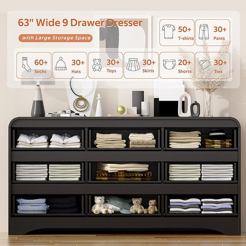 9 Drawer Dresser and Nightstand Sets for Bedroom, 3 Piece Bedroom Set, Wood 9 Drawer Dresser & Night Stand Set of 2, Large Chest of Drawers Modern Storage Cabinet Bedroom Furniture Set, Black