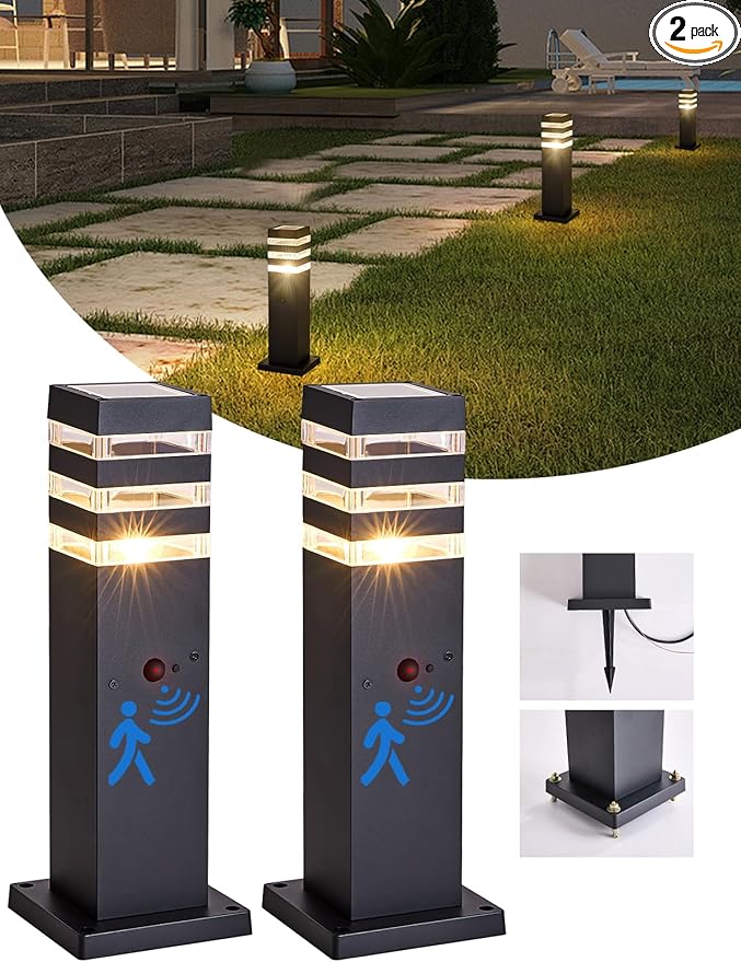 2Pack Motion Sensor Outdoor Floor Lamps Pathway Lights Dusk to Dawn Exterior Pillar Lamps Black Aluminum Poles Lights for Outside, Modern Landscape Path Lamp for Patio, Yard, Garden, Pathway, Driveway