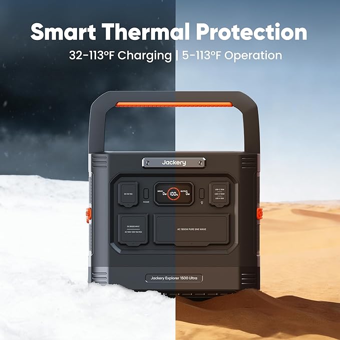 Jackery Explorer 1500 Ultra Portable Power Station, 1536Wh LiFePO4 Battery,1800W AC Output (3600W Peak), IP65 Waterproof, 1.5H Recharge, Solar Generator for Off-Grid & Emergency (Solar Panel Optional)