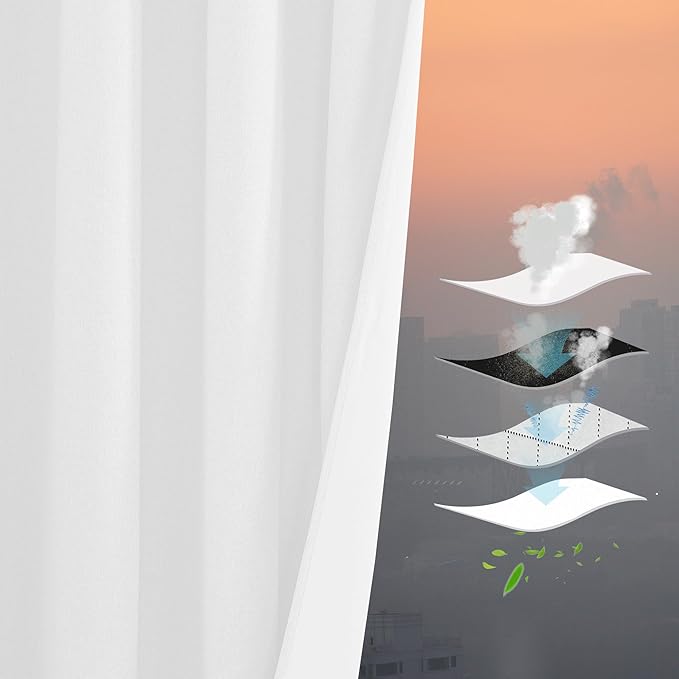 RYB HOME 4 in 1 Set Dust Filter - Soundproof - Blackout - Insulating, Energy Efficiency Linen Curtains for Kids Bedroom Living Room Divider Apartment Hotel Office Theatre, White, W 52 x L 108, 2 Pcs
