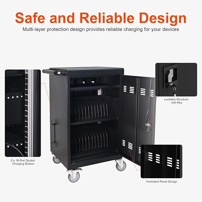 Aokleo Laptop Charging Cart,32 Devices Tablet Storage Carts for Pad Up to 16.3" Screen Size, Classroom Computer Mobile Charging Station for Pads,Chromebooks,Laptops,Security Storage (30+2 Bay-Black)