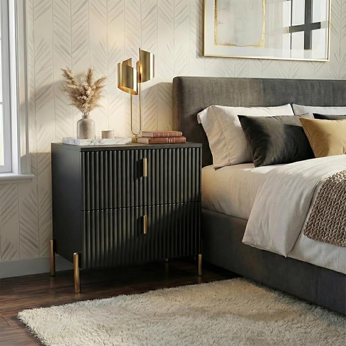 Luxury Fluted Night Stand Set of 2, Nightstand with 2 Drawers, Modern Bedside Table with Golden Legs and Handles, End Tables for Living Room Bedroom, Black